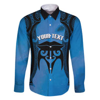 Personalised Moko Kauae New Zealand Family Matching Off Shoulder Maxi Dress and Hawaiian Shirt Maori Chin Tattoo Blue LT14 Dad's Shirt - Long Sleeve Blue - Polynesian Pride