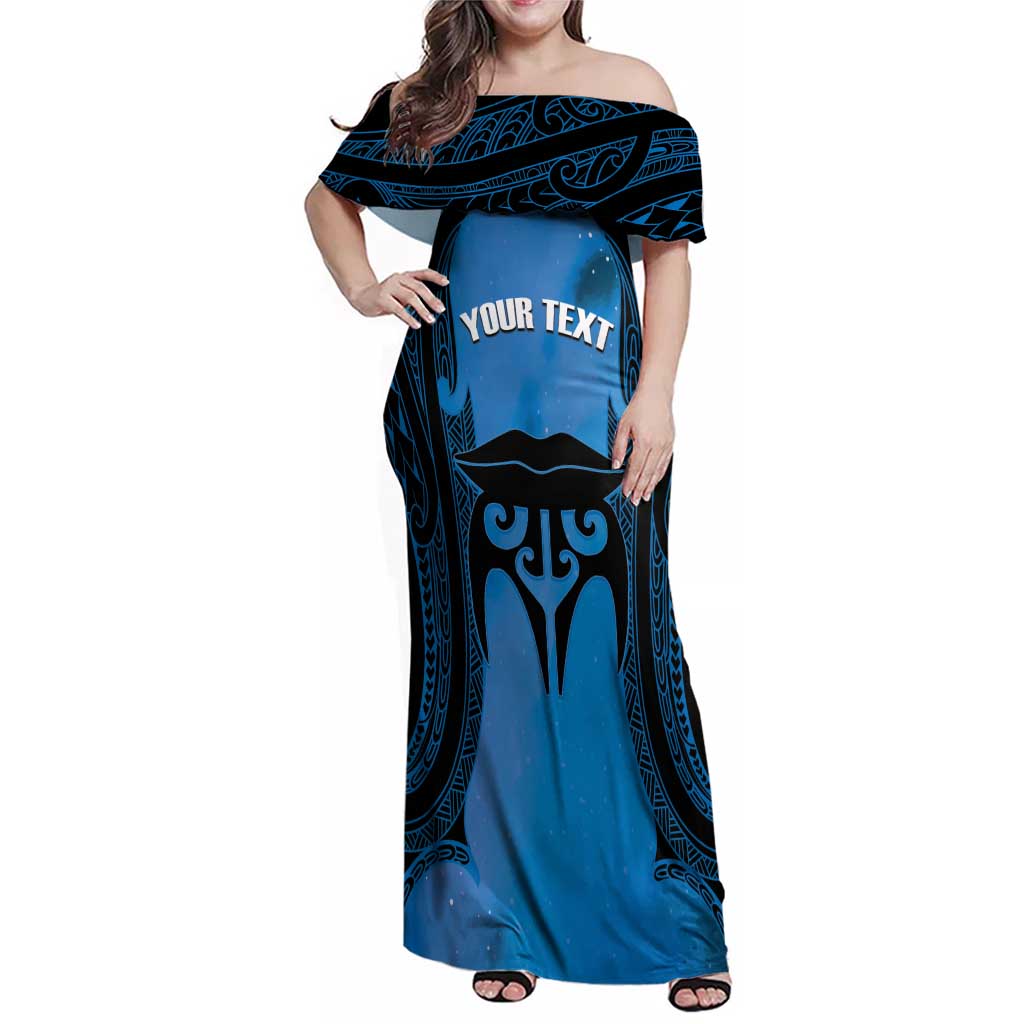 Personalised Moko Kauae New Zealand Family Matching Off Shoulder Maxi Dress and Hawaiian Shirt Maori Chin Tattoo Blue LT14 Mom's Dress Blue - Polynesian Pride
