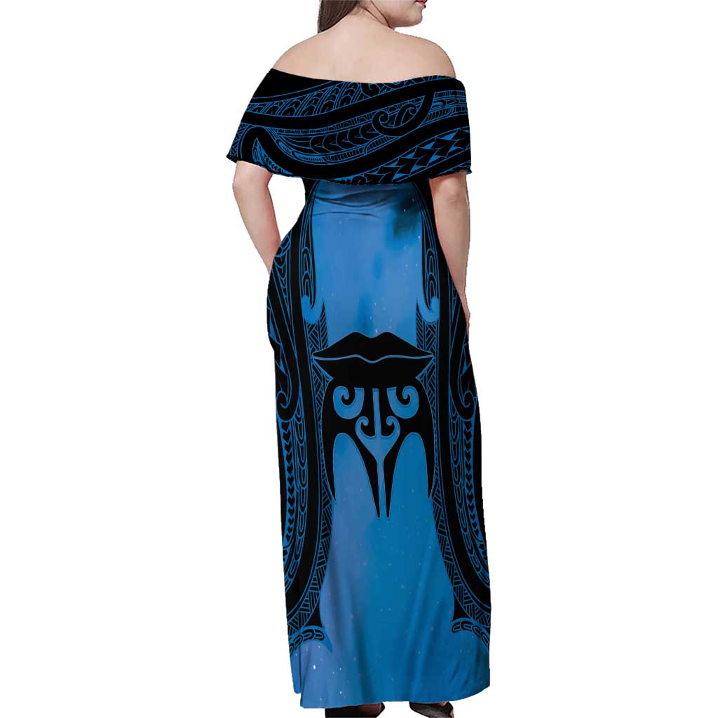 Personalised Moko Kauae New Zealand Family Matching Off Shoulder Maxi Dress and Hawaiian Shirt Maori Chin Tattoo Blue LT14 - Polynesian Pride