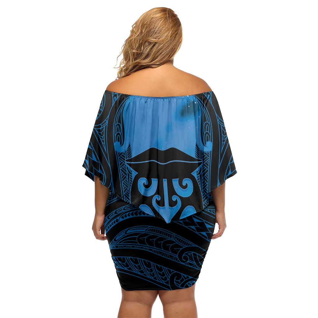 Personalised Moko Kauae New Zealand Family Matching Off Shoulder Short Dress and Hawaiian Shirt Maori Chin Tattoo Blue LT14 - Polynesian Pride