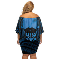 Personalised Moko Kauae New Zealand Family Matching Off Shoulder Short Dress and Hawaiian Shirt Maori Chin Tattoo Blue LT14 - Polynesian Pride