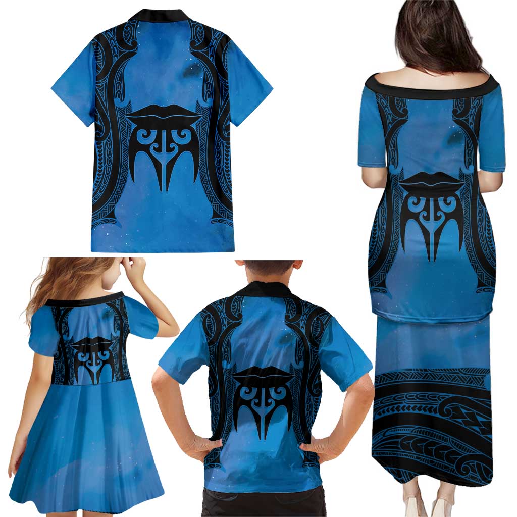 Personalised Moko Kauae New Zealand Family Matching Puletasi and Hawaiian Shirt Maori Chin Tattoo Blue LT14 - Polynesian Pride