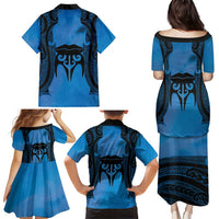 Personalised Moko Kauae New Zealand Family Matching Puletasi and Hawaiian Shirt Maori Chin Tattoo Blue LT14 - Polynesian Pride