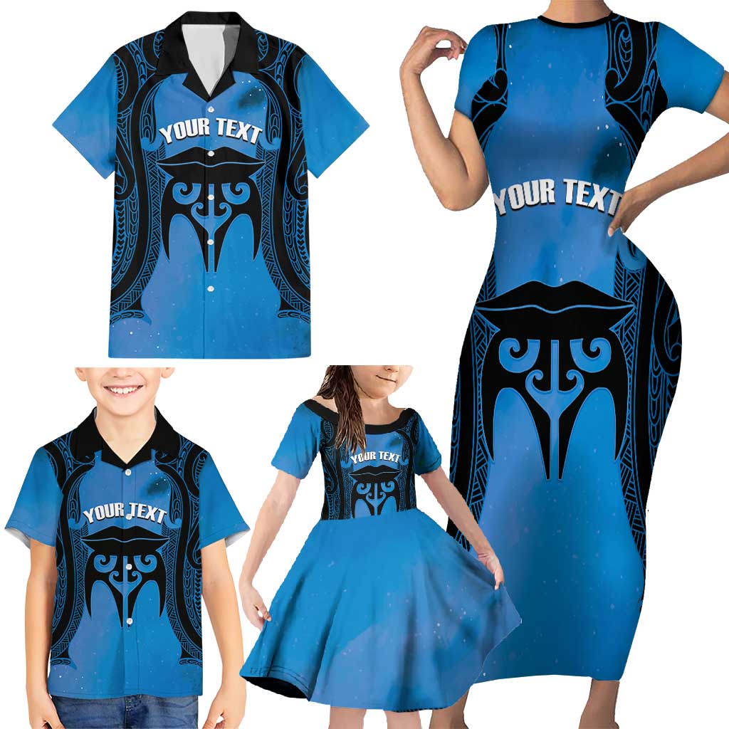 Personalised Moko Kauae New Zealand Family Matching Short Sleeve Bodycon Dress and Hawaiian Shirt Maori Chin Tattoo Blue LT14 - Polynesian Pride