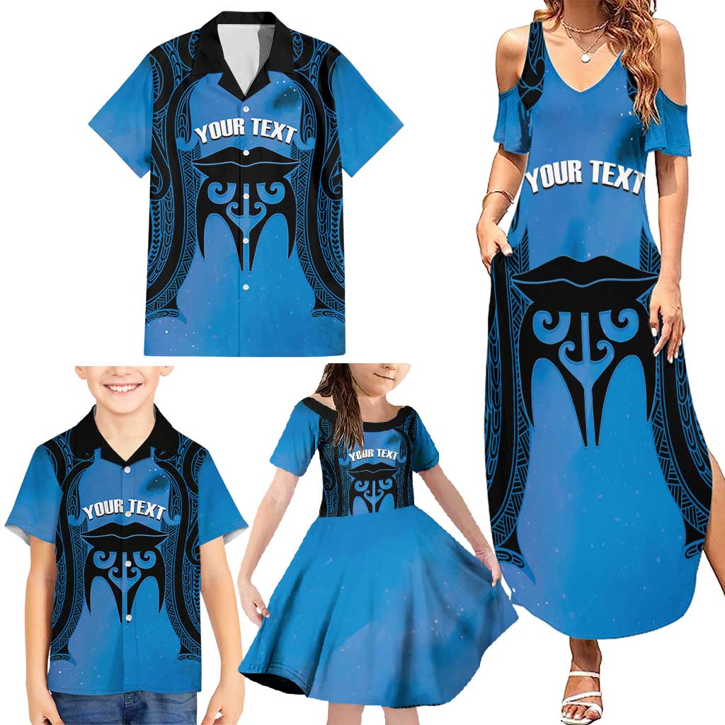 Personalised Moko Kauae New Zealand Family Matching Summer Maxi Dress and Hawaiian Shirt Maori Chin Tattoo Blue LT14 - Polynesian Pride