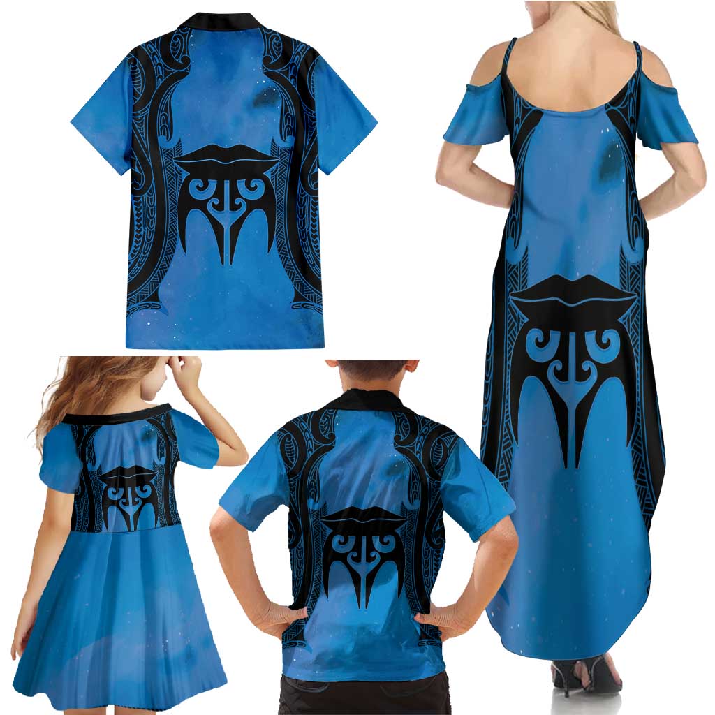 Personalised Moko Kauae New Zealand Family Matching Summer Maxi Dress and Hawaiian Shirt Maori Chin Tattoo Blue LT14 - Polynesian Pride
