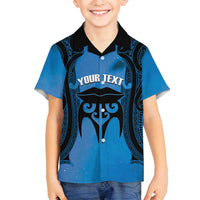 Personalised Moko Kauae New Zealand Family Matching Summer Maxi Dress and Hawaiian Shirt Maori Chin Tattoo Blue LT14 Son's Shirt Blue - Polynesian Pride