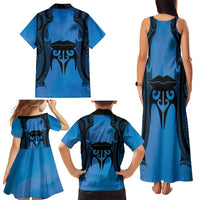 Personalised Moko Kauae New Zealand Family Matching Tank Maxi Dress and Hawaiian Shirt Maori Chin Tattoo Blue LT14 - Polynesian Pride