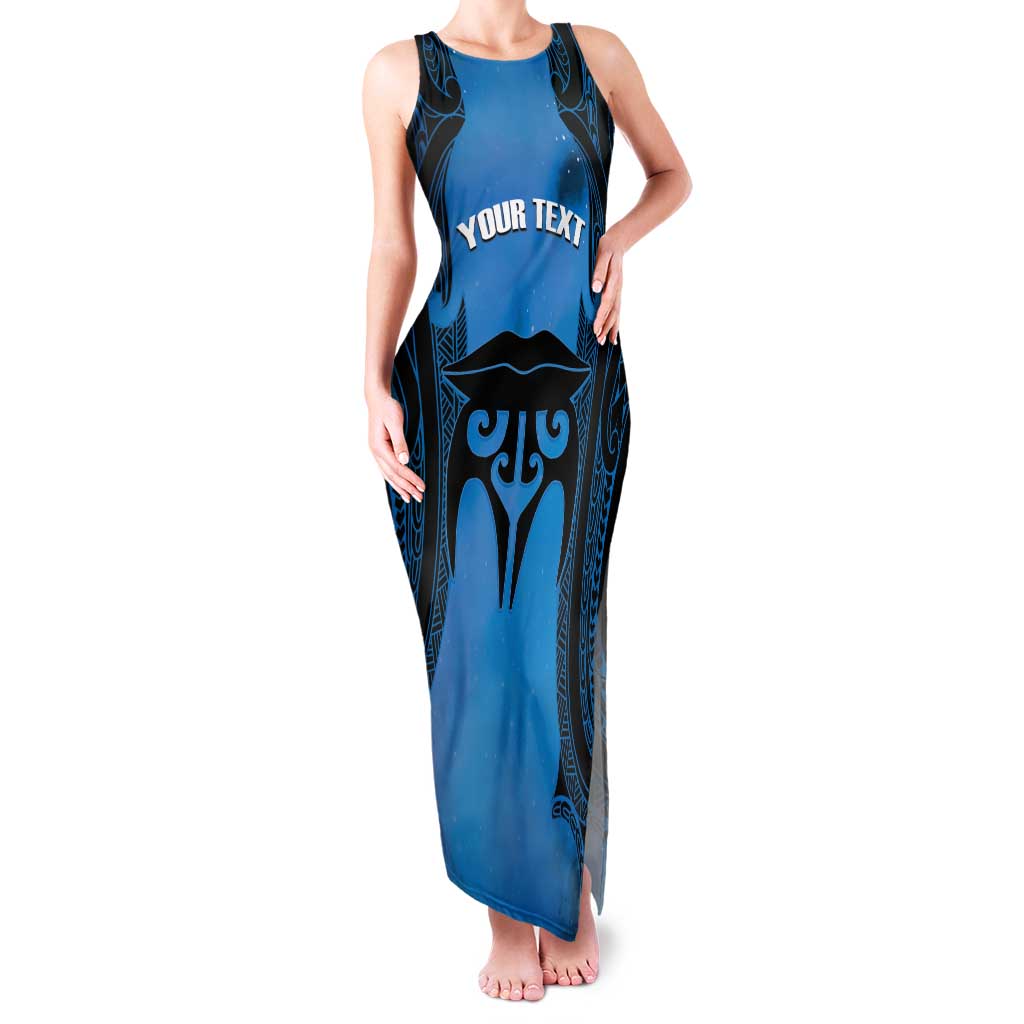 Personalised Moko Kauae New Zealand Family Matching Tank Maxi Dress and Hawaiian Shirt Maori Chin Tattoo Blue LT14 Mom's Dress Blue - Polynesian Pride