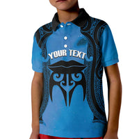 Personalised Moko Kauae New Zealand Kid Polo Shirt Maori Chin Tattoo Blue - Polynesian Pride