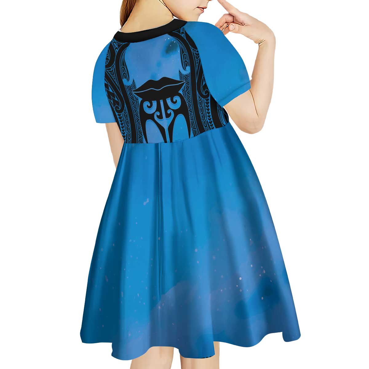 Personalised Moko Kauae New Zealand Kid Short Sleeve Dress Maori Chin Tattoo Blue LT14 - Polynesian Pride