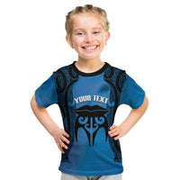 Personalised Moko Kauae New Zealand Kid T Shirt Maori Chin Tattoo Blue - Polynesian Pride