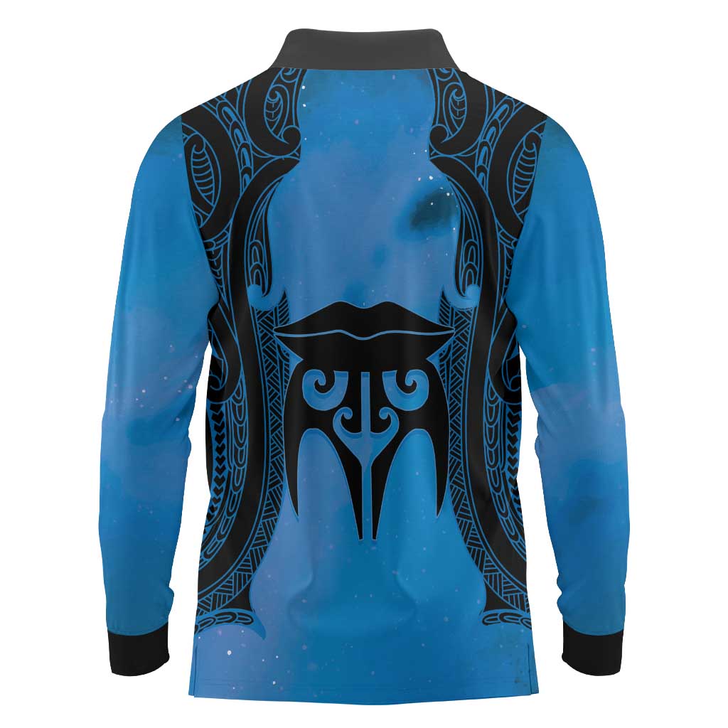 Personalised Moko Kauae New Zealand Long Sleeve Polo Shirt Maori Chin Tattoo Blue LT14 - Polynesian Pride
