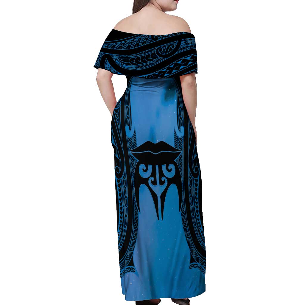 Personalised Moko Kauae New Zealand Off Shoulder Maxi Dress Maori Chin Tattoo Blue - Polynesian Pride