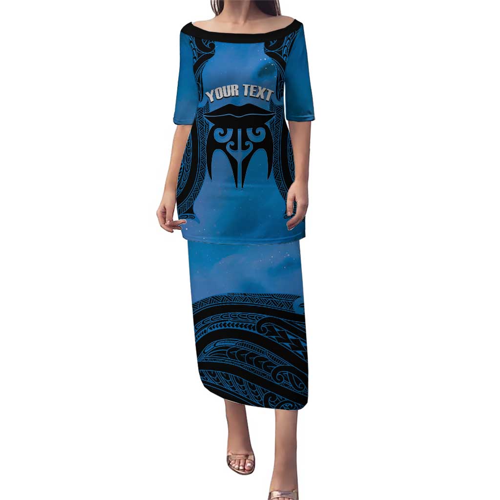 Personalised Moko Kauae New Zealand Puletasi Maori Chin Tattoo Blue LT14 Long Dress Blue - Polynesian Pride
