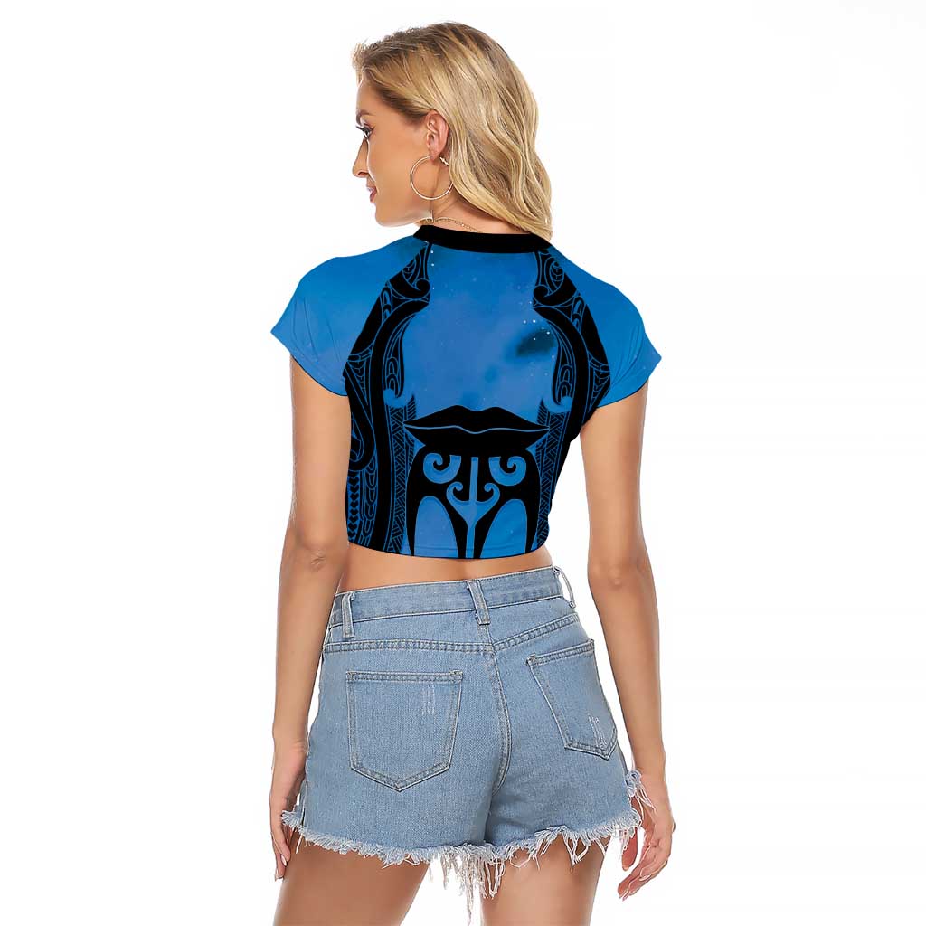 Personalised Moko Kauae New Zealand Raglan Cropped T Shirt Maori Chin Tattoo Blue - Polynesian Pride