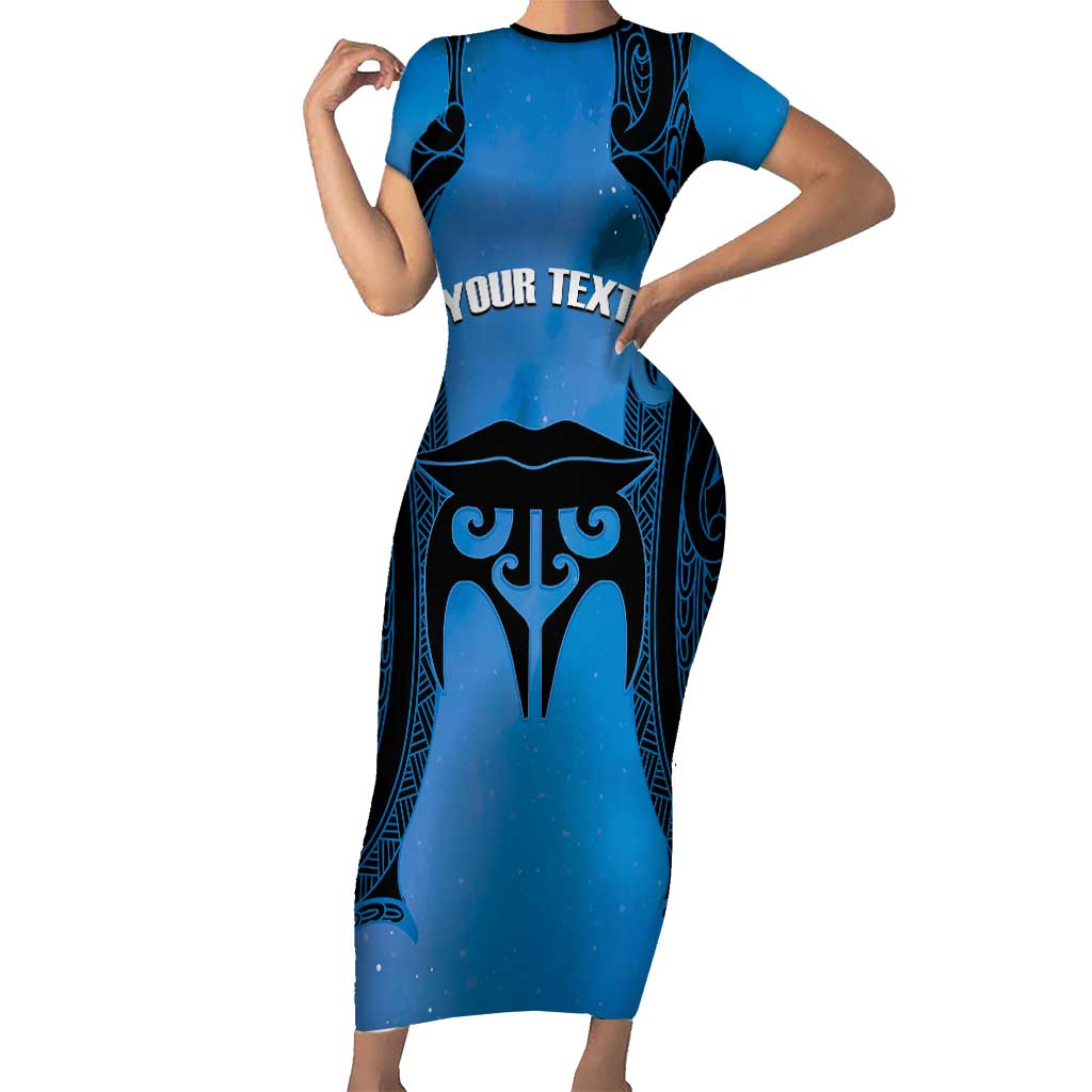 Personalised Moko Kauae New Zealand Short Sleeve Bodycon Dress Maori Chin Tattoo Blue LT14 Long Dress Blue - Polynesian Pride