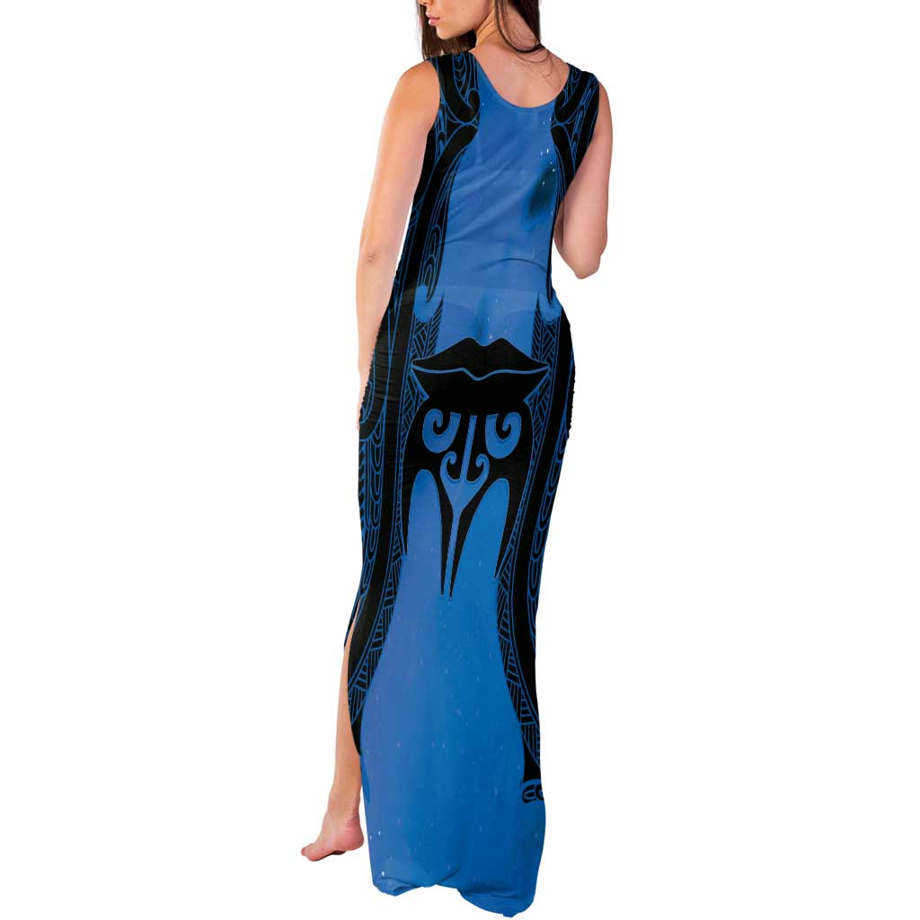 Personalised Moko Kauae New Zealand Tank Maxi Dress Maori Chin Tattoo Blue - Polynesian Pride