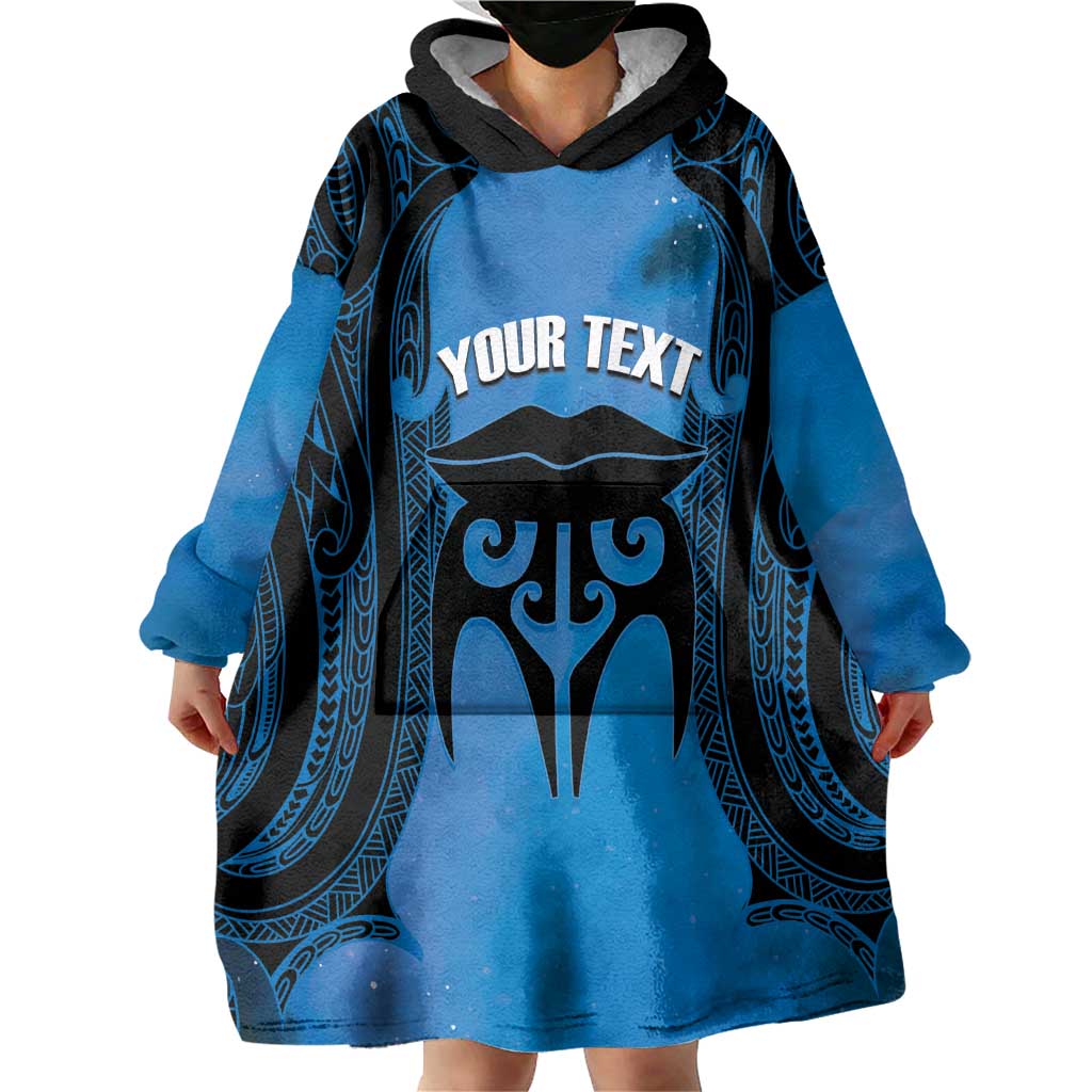 Personalised Moko Kauae New Zealand Wearable Blanket Hoodie Maori Chin Tattoo Blue LT14 - Polynesian Pride