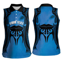 Personalised Moko Kauae New Zealand Women Sleeveless Polo Shirt Maori Chin Tattoo Blue LT14 - Polynesian Pride