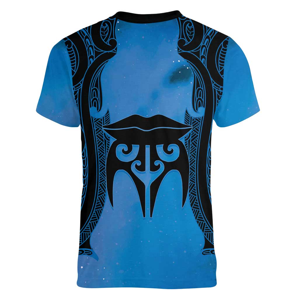 Personalised Moko Kauae New Zealand Women V-Neck T-Shirt Maori Chin Tattoo Blue LT14 - Polynesian Pride