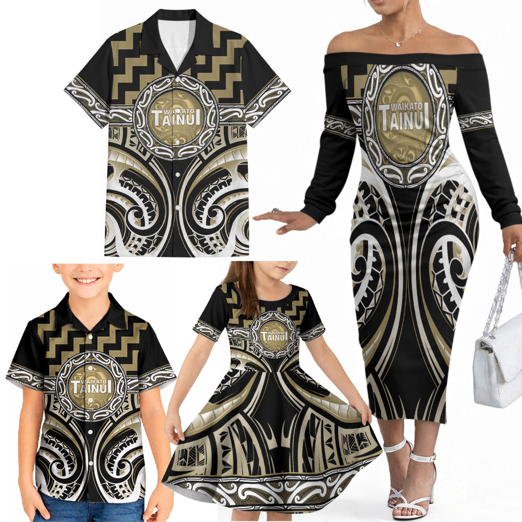 Aotearoa Waikato Tainui Personalised Family Matching Off The Shoulder Long Sleeve Dress and Hawaiian Shirt Maori Iwi Poutama Puhoro Tattoo LT14 - Polynesian Pride