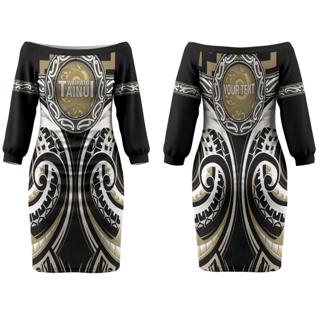 Aotearoa Waikato Tainui Personalised Family Matching Off The Shoulder Long Sleeve Dress and Hawaiian Shirt Maori Iwi Poutama Puhoro Tattoo LT14 Mom's Dress Old Yellow - Polynesian Pride