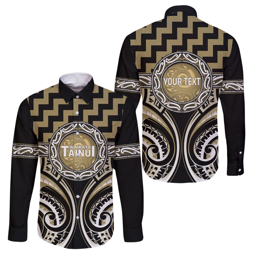 Aotearoa Waikato Tainui Personalised Family Matching Off Shoulder Maxi Dress and Hawaiian Shirt Maori Iwi Poutama Puhoro Tattoo LT14 Dad's Shirt - Long Sleeve Old Yellow - Polynesian Pride