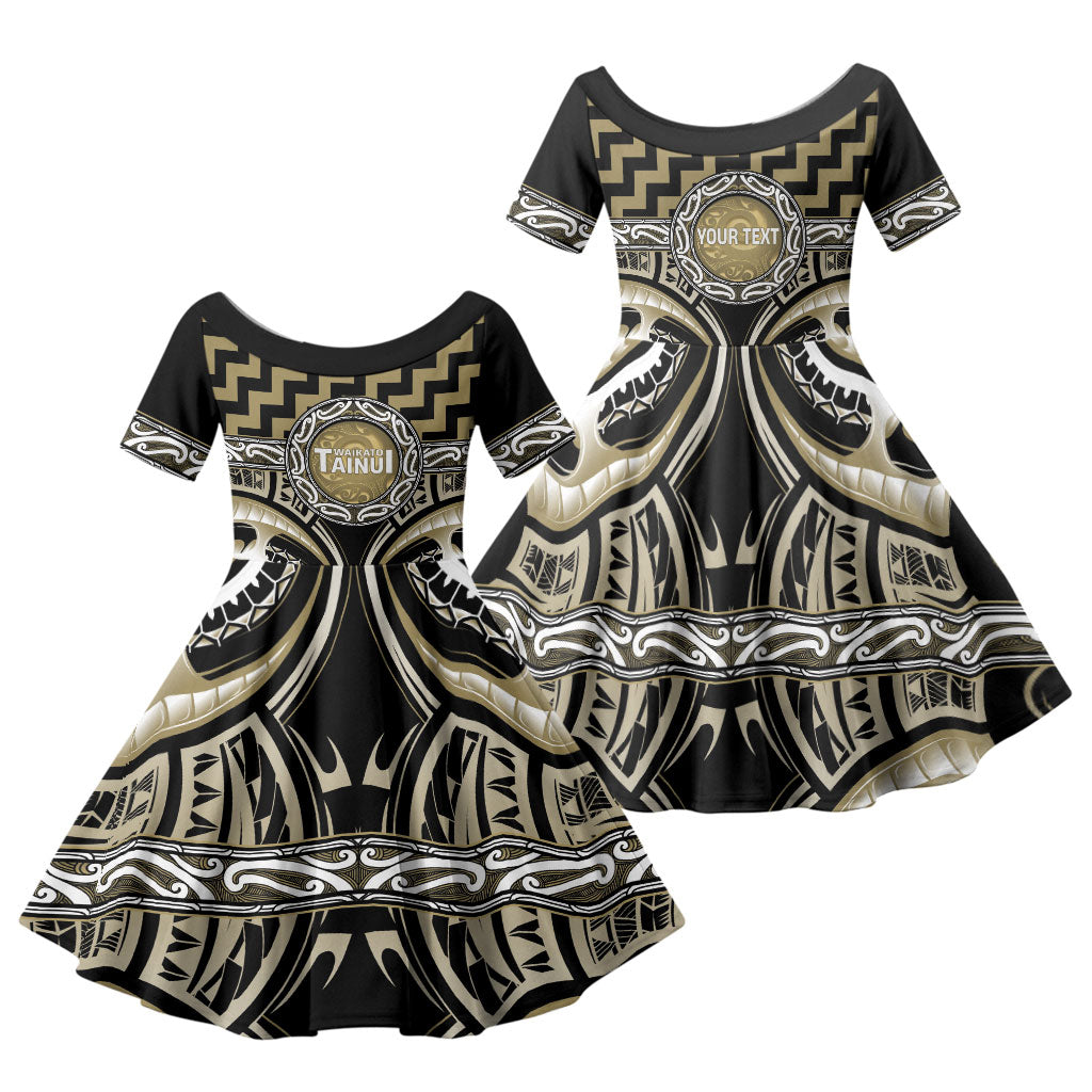 Aotearoa Waikato Tainui Personalised Family Matching Puletasi and Hawaiian Shirt Maori Iwi Poutama Puhoro Tattoo LT14 Daughter's Dress Old Yellow - Polynesian Pride
