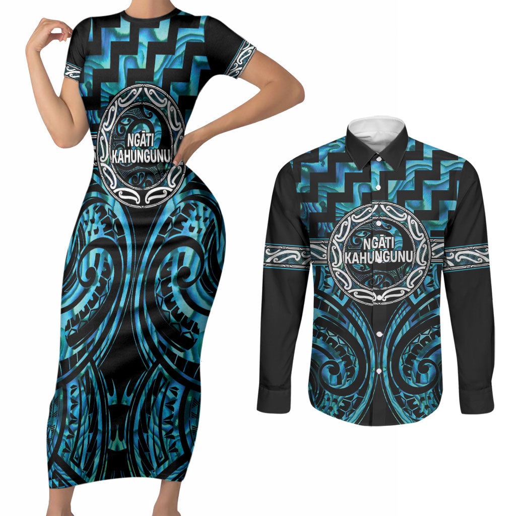 Aotearoa Ngati Kahungunu Personalised Couples Matching Short Sleeve Bodycon Dress and Long Sleeve Button Shirt Maori Iwi Poutama Puhoro Tattoo LT14 Turquoise - Polynesian Pride