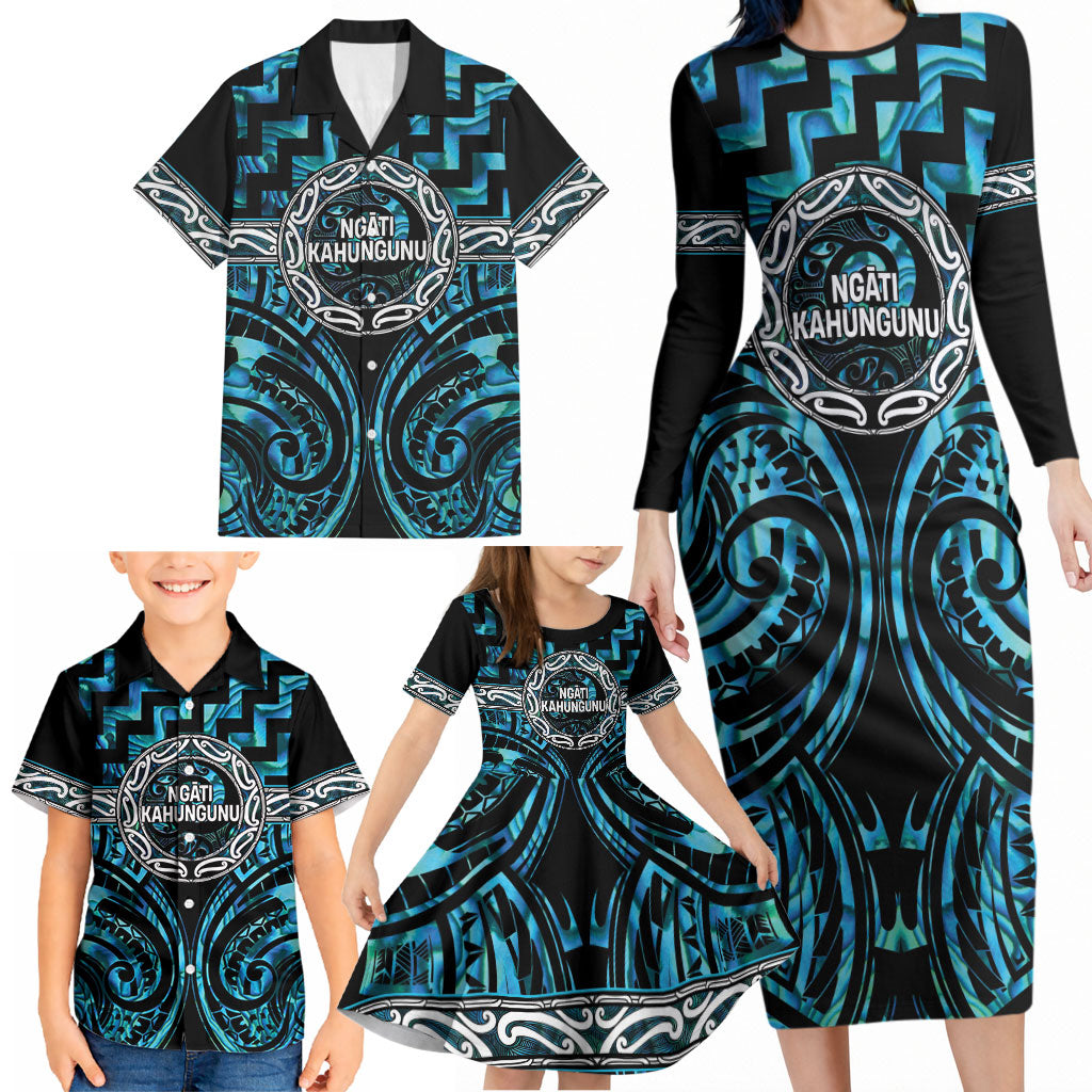 Aotearoa Ngati Kahungunu Personalised Family Matching Long Sleeve Bodycon Dress and Hawaiian Shirt Maori Iwi Poutama Puhoro Tattoo LT14 - Polynesian Pride
