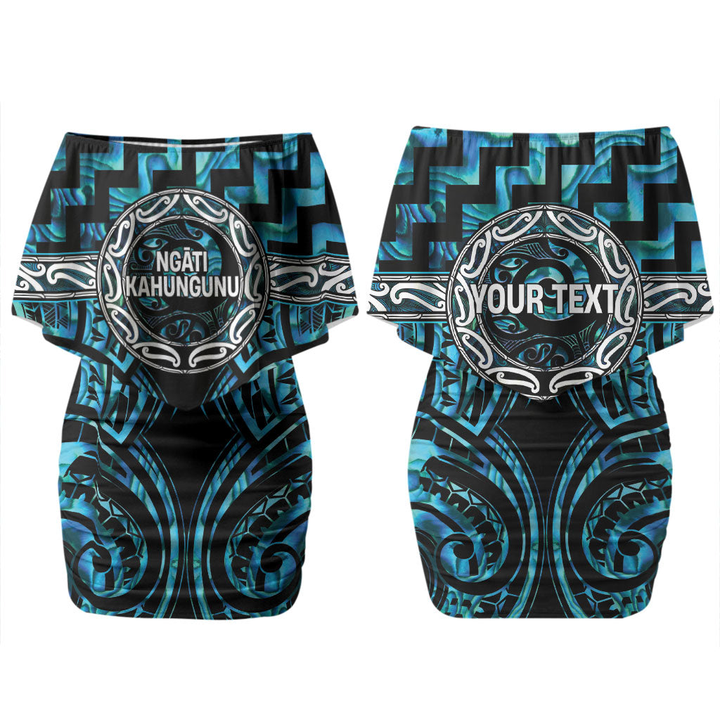 Aotearoa Ngati Kahungunu Personalised Family Matching Off Shoulder Short Dress and Hawaiian Shirt Maori Iwi Poutama Puhoro Tattoo LT14 Mom's Dress Turquoise - Polynesian Pride