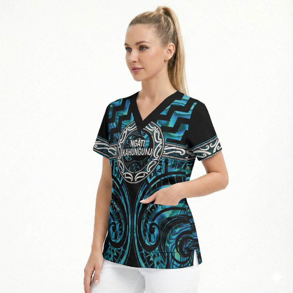 Aotearoa Ngati Kahungunu Personalised Scrub Top Maori Iwi Poutama Puhoro Tattoo LT14 - Polynesian Pride