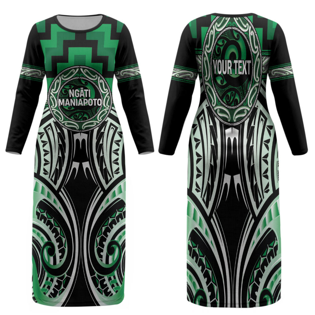 Aotearoa Ngati Maniapoto Personalised Family Matching Long Sleeve Bodycon Dress and Hawaiian Shirt Maori Iwi Poutama Puhoro Tattoo LT14 Mom's Dress Green - Polynesian Pride