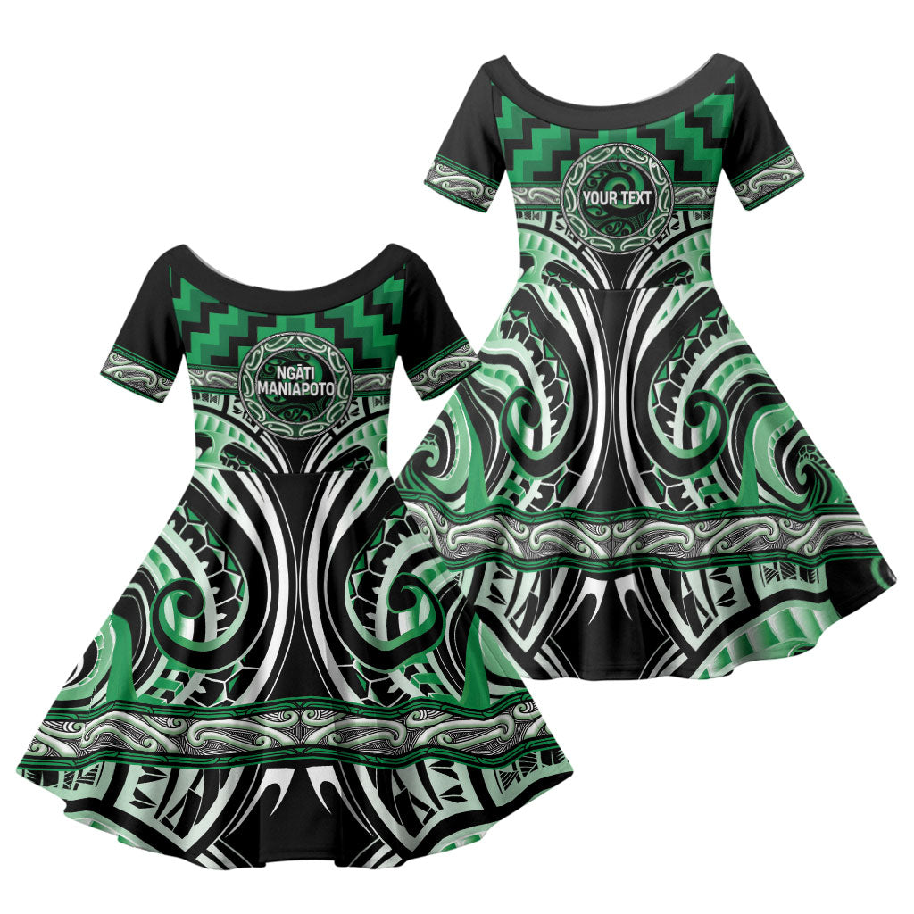 Aotearoa Ngati Maniapoto Personalised Family Matching Long Sleeve Bodycon Dress and Hawaiian Shirt Maori Iwi Poutama Puhoro Tattoo LT14 Daughter's Dress Green - Polynesian Pride