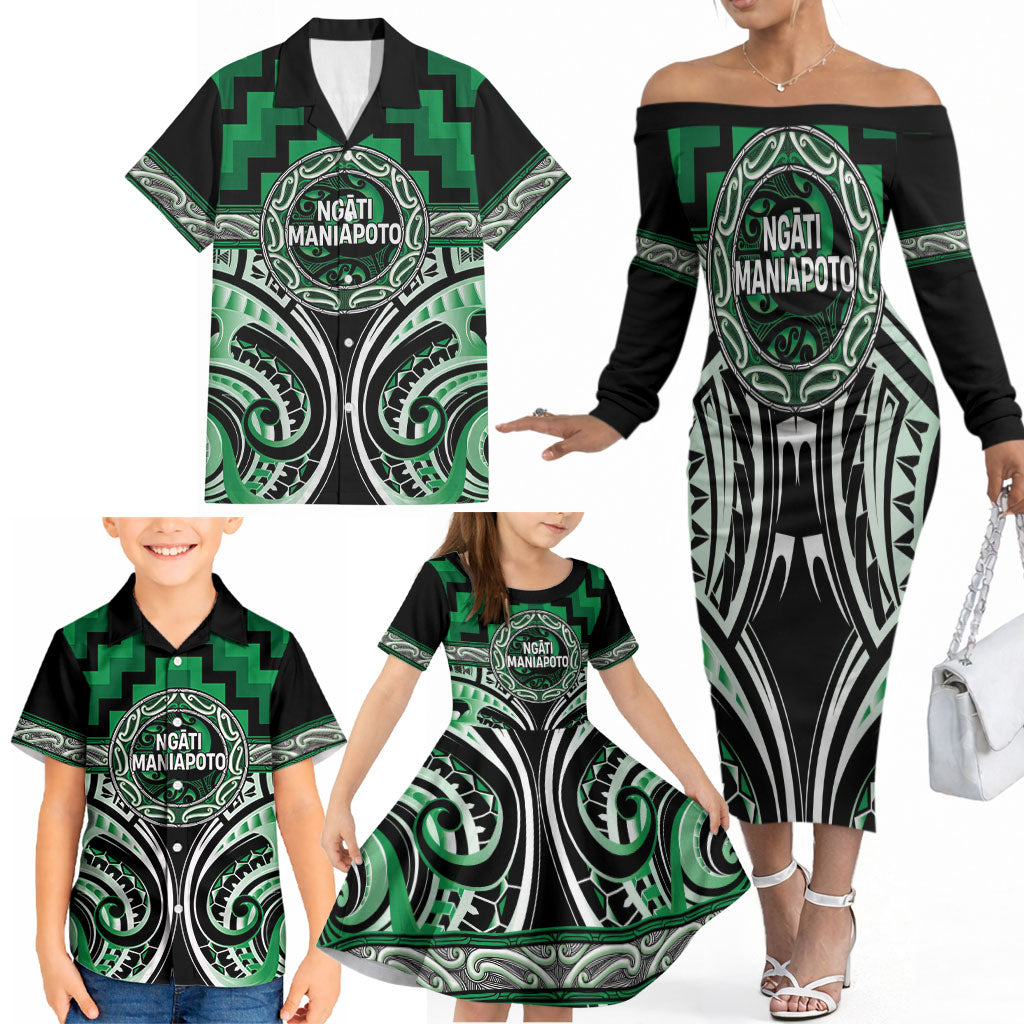 Aotearoa Ngati Maniapoto Personalised Family Matching Off The Shoulder Long Sleeve Dress and Hawaiian Shirt Maori Iwi Poutama Puhoro Tattoo LT14 - Polynesian Pride