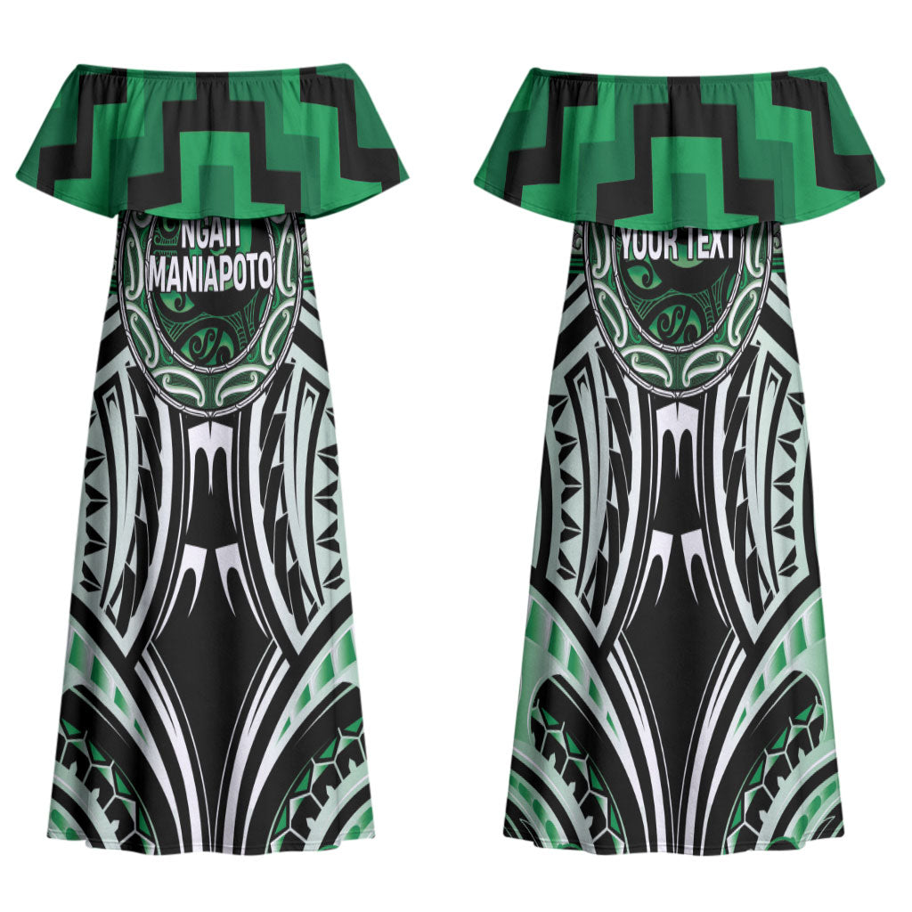 Aotearoa Ngati Maniapoto Personalised Family Matching Off Shoulder Maxi Dress and Hawaiian Shirt Maori Iwi Poutama Puhoro Tattoo LT14 Mom's Dress Green - Polynesian Pride