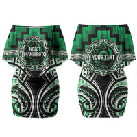 Aotearoa Ngati Maniapoto Personalised Family Matching Off Shoulder Short Dress and Hawaiian Shirt Maori Iwi Poutama Puhoro Tattoo LT14 Mom's Dress Green - Polynesian Pride
