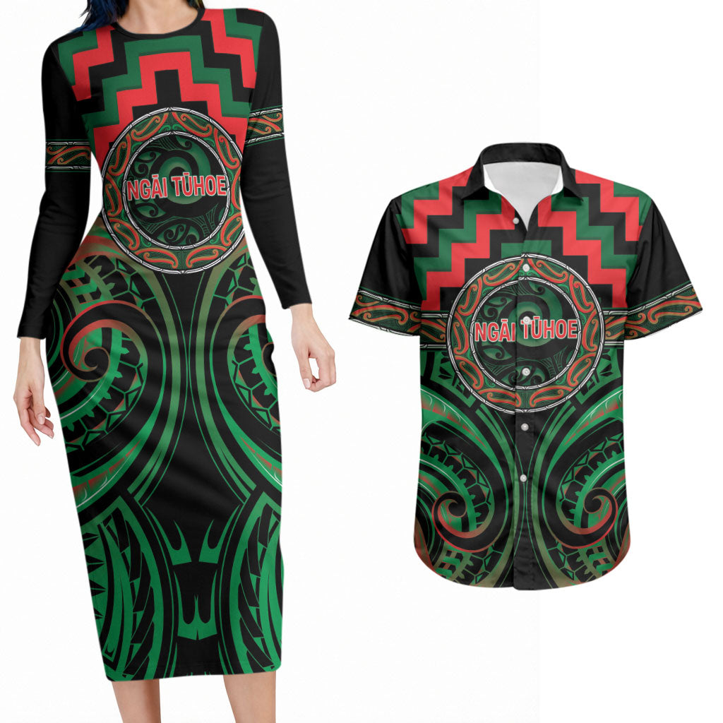 Aotearoa Ngai Tuhoe Personalised Couples Matching Long Sleeve Bodycon Dress and Hawaiian Shirt Maori Iwi Poutama Puhoro Tattoo LT14 Green - Polynesian Pride