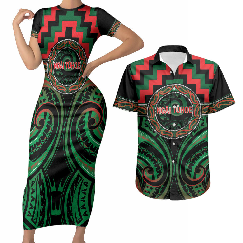 Aotearoa Ngai Tuhoe Personalised Couples Matching Short Sleeve Bodycon Dress and Hawaiian Shirt Maori Iwi Poutama Puhoro Tattoo LT14 Green - Polynesian Pride