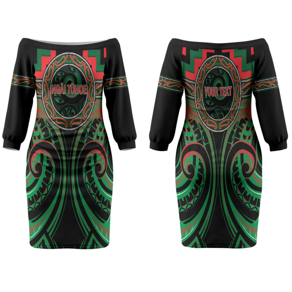 Aotearoa Ngai Tuhoe Personalised Family Matching Off The Shoulder Long Sleeve Dress and Hawaiian Shirt Maori Iwi Poutama Puhoro Tattoo LT14 Mom's Dress Green - Polynesian Pride