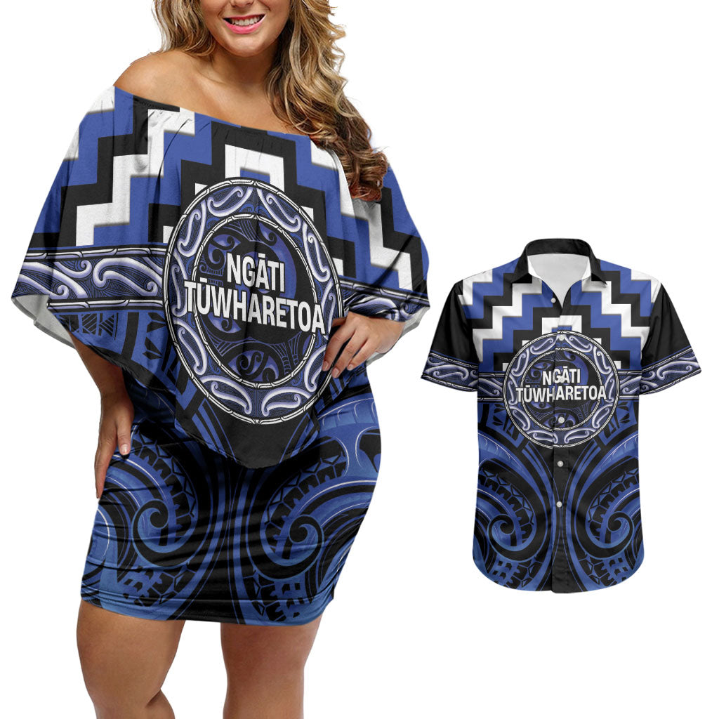 Aotearoa Ngati Tuwharetoa Personalised Couples Matching Off Shoulder Short Dress and Hawaiian Shirt Maori Iwi Poutama Puhoro Tattoo LT14 Blue - Polynesian Pride