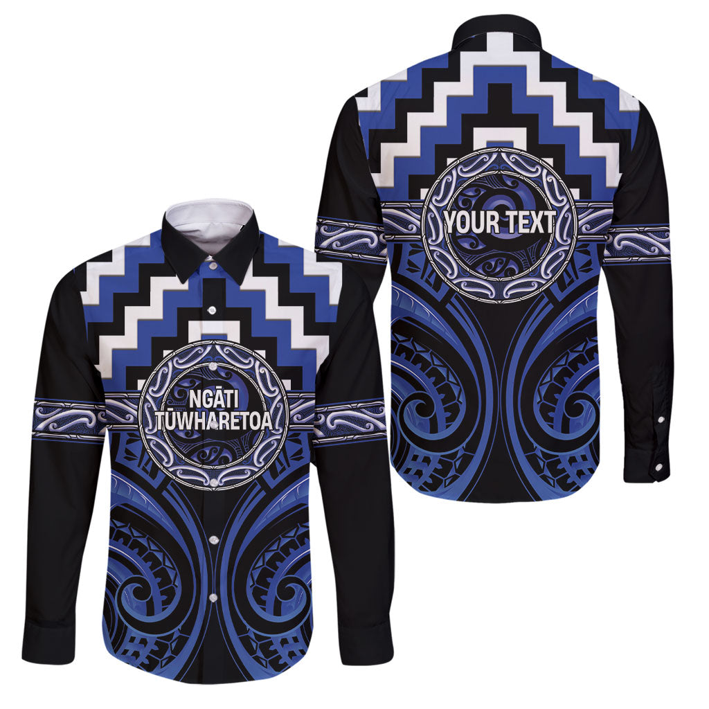 Aotearoa Ngati Tuwharetoa Personalised Family Matching Long Sleeve Bodycon Dress and Hawaiian Shirt Maori Iwi Poutama Puhoro Tattoo LT14 Dad's Shirt - Long Sleeve Blue - Polynesian Pride