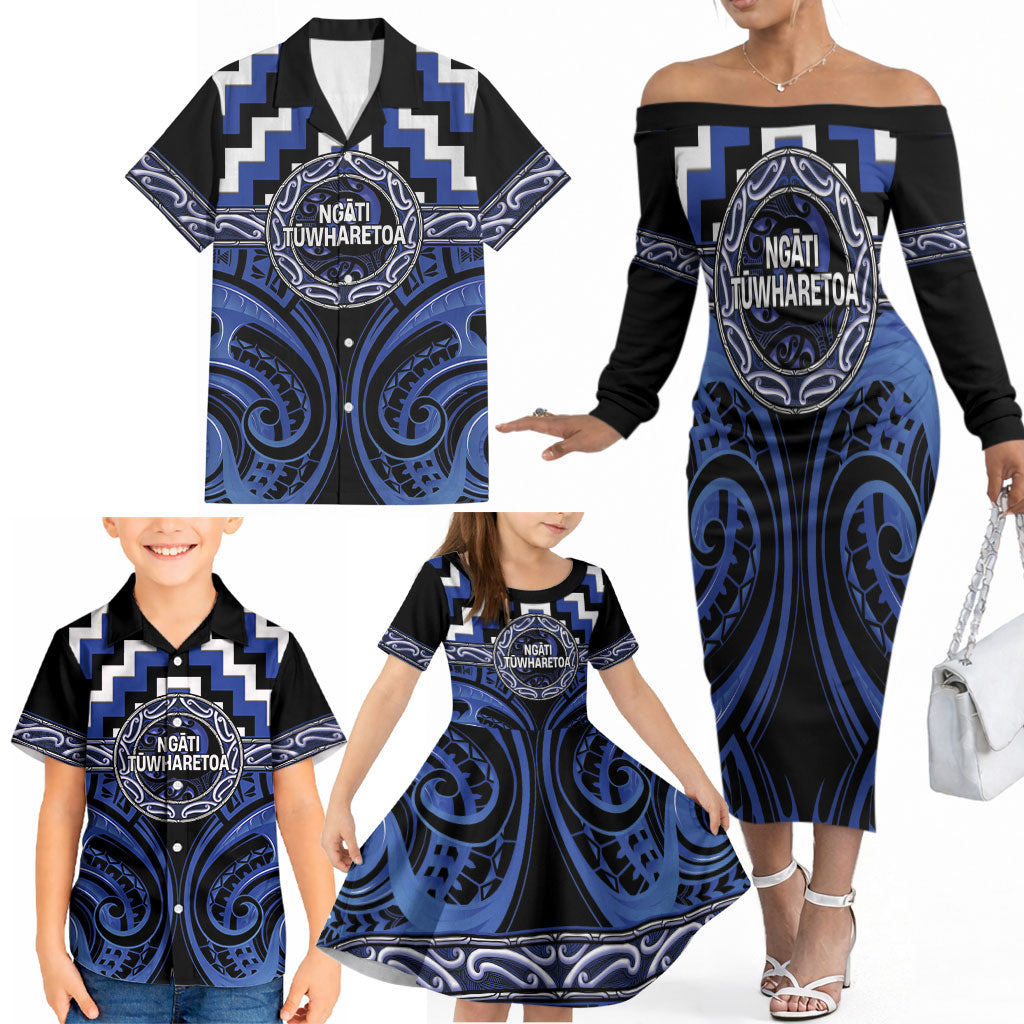 Aotearoa Ngati Tuwharetoa Personalised Family Matching Off The Shoulder Long Sleeve Dress and Hawaiian Shirt Maori Iwi Poutama Puhoro Tattoo LT14 - Polynesian Pride