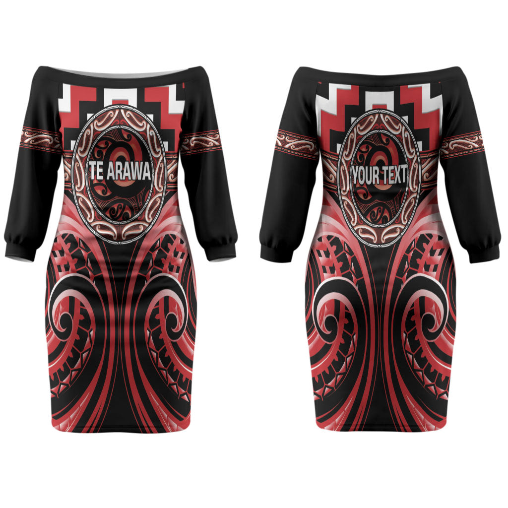 Aotearoa Te Arawa Personalised Family Matching Off The Shoulder Long Sleeve Dress and Hawaiian Shirt Maori Iwi Poutama Puhoro Tattoo LT14 Mom's Dress Red - Polynesian Pride