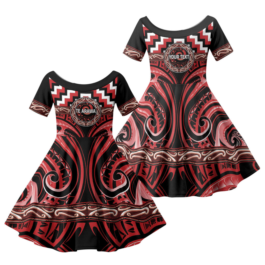 Aotearoa Te Arawa Personalised Family Matching Off Shoulder Short Dress and Hawaiian Shirt Maori Iwi Poutama Puhoro Tattoo LT14 Daughter's Dress Red - Polynesian Pride