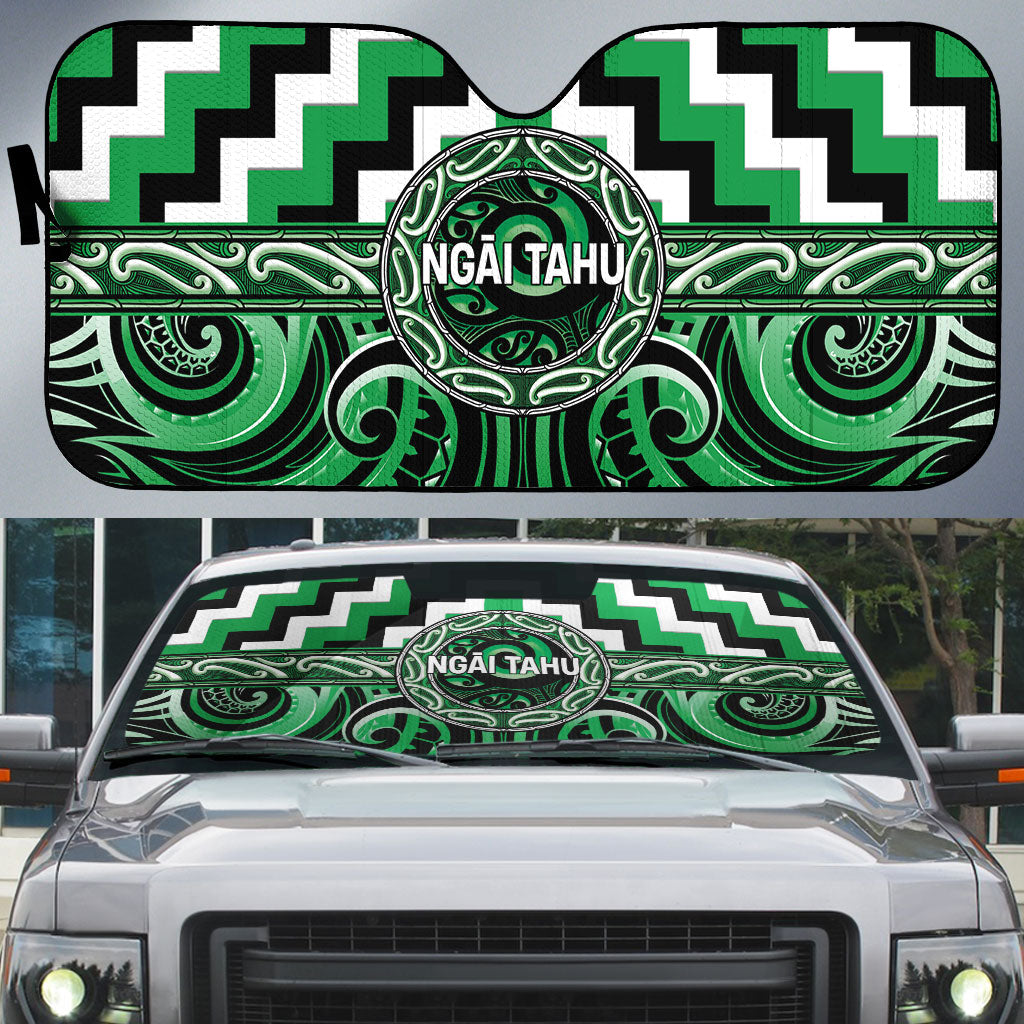 Aotearoa Ngai Tahu Auto Sun Shade Maori Iwi Poutama Puhoro Tattoo LT14 Green - Polynesian Pride