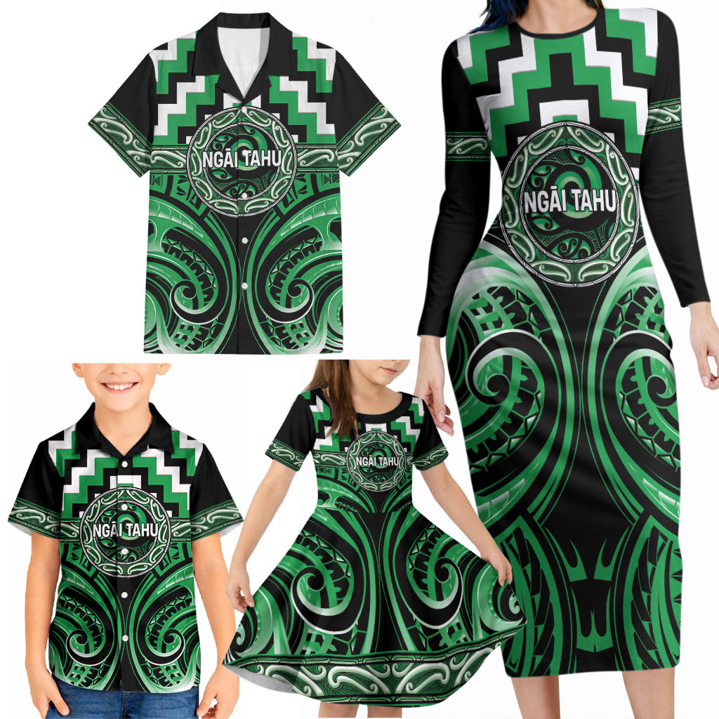 Aotearoa Ngai Tahu Personalised Family Matching Long Sleeve Bodycon Dress and Hawaiian Shirt Maori Iwi Poutama Puhoro Tattoo LT14 - Polynesian Pride
