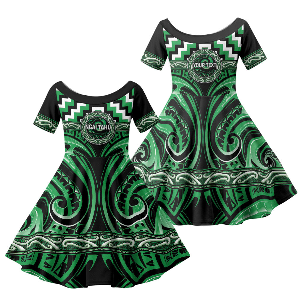 Aotearoa Ngai Tahu Personalised Family Matching Off Shoulder Short Dress and Hawaiian Shirt Maori Iwi Poutama Puhoro Tattoo LT14 Daughter's Dress Green - Polynesian Pride
