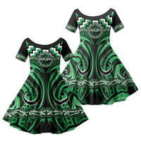Aotearoa Ngai Tahu Personalised Family Matching Off Shoulder Short Dress and Hawaiian Shirt Maori Iwi Poutama Puhoro Tattoo LT14 Daughter's Dress Green - Polynesian Pride